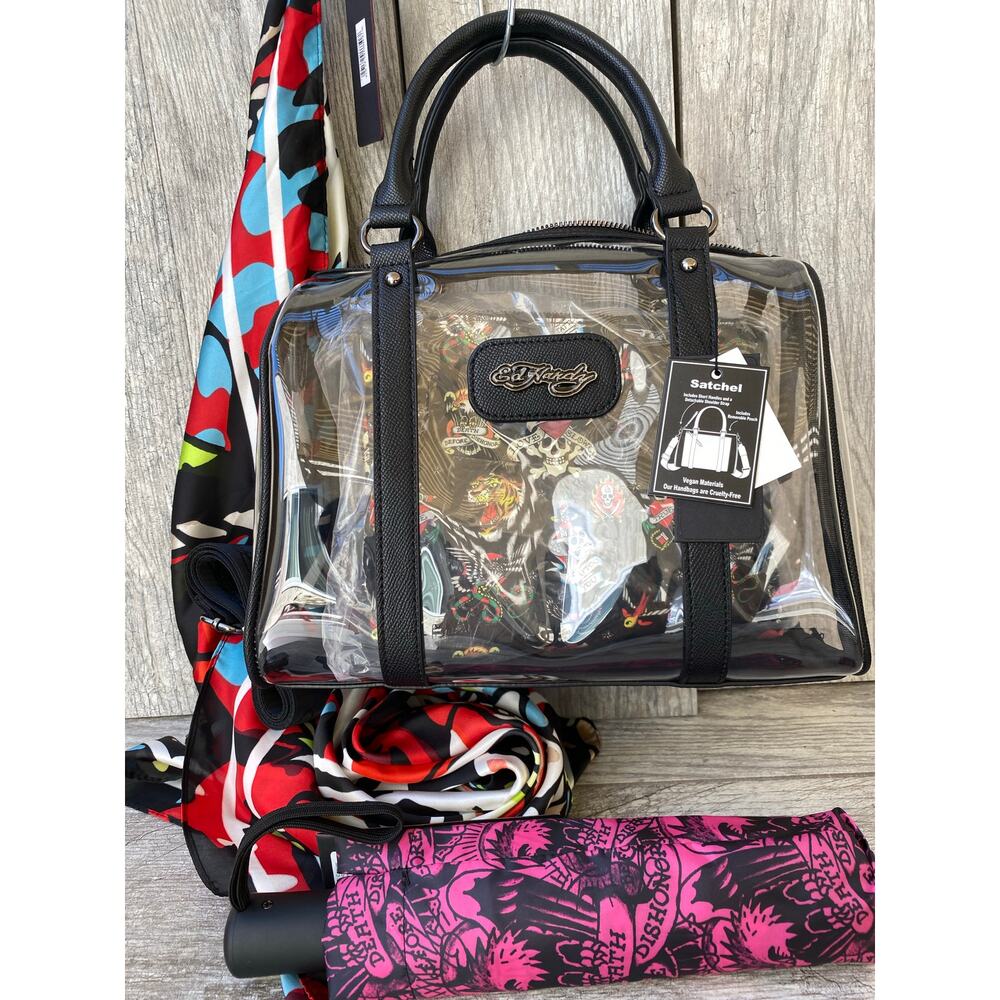 Ed Hardy | Tattoo Print Clear Satchel + Umbrella + Skull Scarf Set